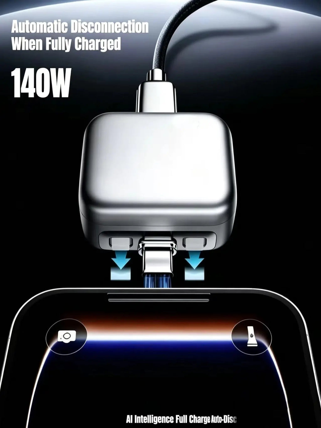 Charge fast, charge safe. This 140W Type-C adapter automatically cuts power the moment your device hits 100% — protecting your battery and giving you peace of mind for overnight charging.