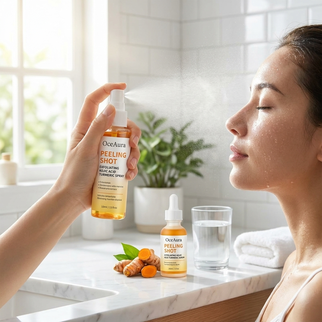 Kojic Acid Turmeric Spray and Serum in use